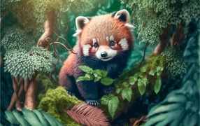 Painted red panda on a tree branch