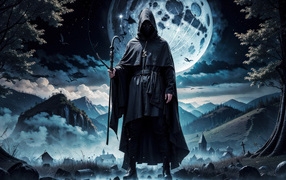 Black magician in a cloak against the background of the moon