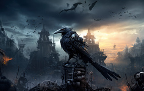 Fantastic black raven against the backdrop of a destroyed city