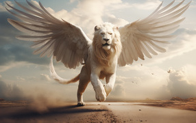 Фантастический лев с белыми крыльями