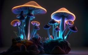 Фантастические неоновые грибы на сером фоне
