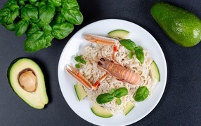 Lobster with vermicelli, avocado and basil leaves