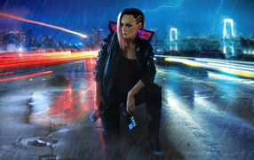 Girl sitting on the road, computer game cyberpunk 2077