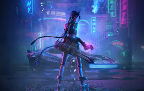Girl with a gun in the city video game Cyberpunk 2077