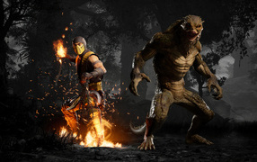 Скорпион сражается с монстром в компьютерной игре Mortal Kombat 1