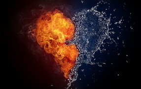 Fire and water heart on black background