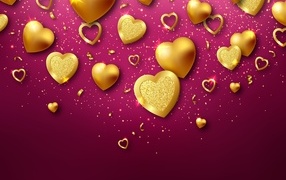 Gold hearts on a red background