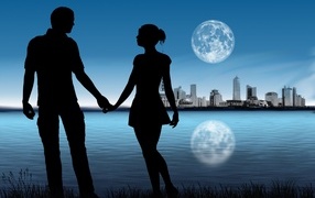 Silhouette of a couple in love against the backdrop of the moon by the lake