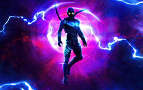 Superhero Blue Beetle against lightning background