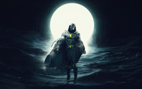 Супергерой Лунный рыцарь на фоне большой луны