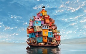 Маленькие разноцветные домики на лодке