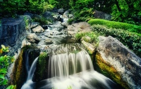 Водопад стекает по камням лесной горной реки