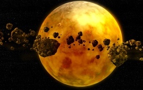 Asteroids fly around the yellow planet