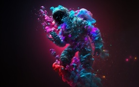 Astronaut dissolves on a red background