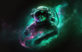 Астронавт в космосе в зеленом дыме