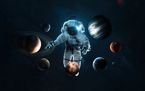 Planets spin around an astronaut in space