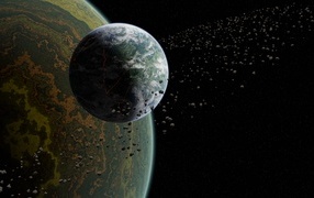 Two planets of the solar system with asteroids in space
