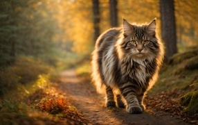 A big fluffy cat walks through the forest