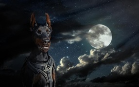 Large Doberman against the background of the moon