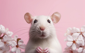 Белая крыса на розовом фоне с цветами