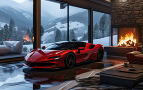 Red Ferrari SF90 Stradale AI in a room with a fireplace
