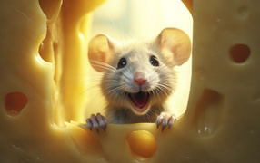 Cheerful little mouse with a piece of cheese