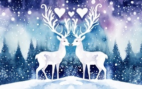Два нарисованных оленя зимой