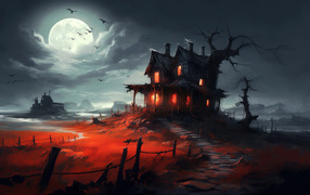 An ominous black house against the backdrop of a bright moon