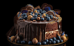 Delicious chocolate cake with sweets and blueberries