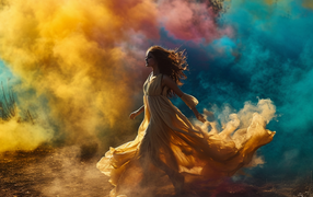 Девушка в красивом платье в разноцветном дыму