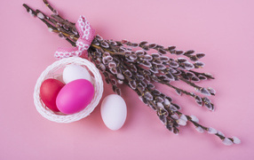 Willow branches with eggs on a pink background