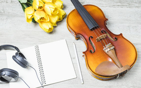 Beautiful violin on a table with a notepad, headphones and a bouquet of tulips