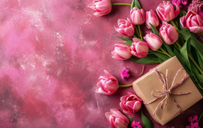Gift and beautiful bouquet of tulips on an unusual pink background