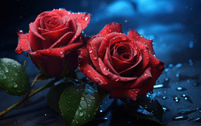 Two red roses on a black surface in the rain