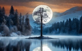 Большая белая луна за одиноким деревом у озера в горах