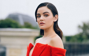 American actress Lucy Hale in a red outfit