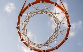 Bottom view of a basketball hoop against the sky