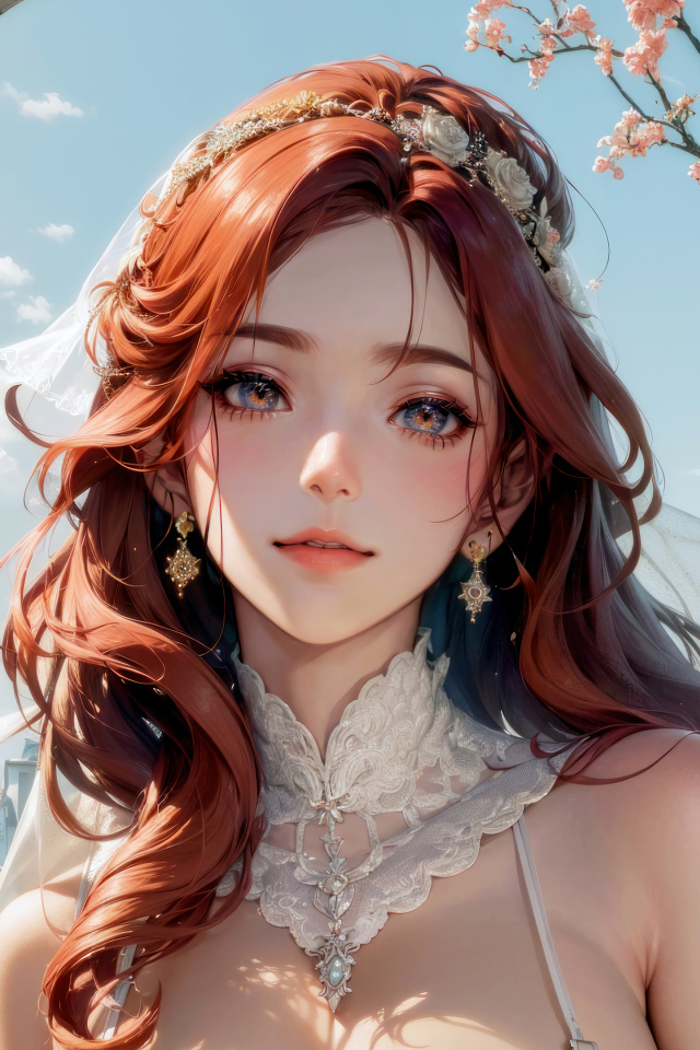 Red-haired anime girl in a wedding dress